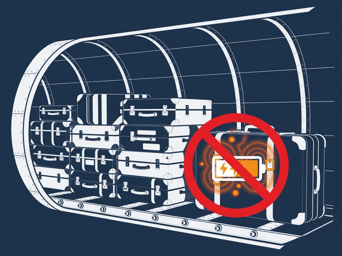 Red warning icon over a suitcase in aircraft cargo hold illustrating lithium battery fire risk