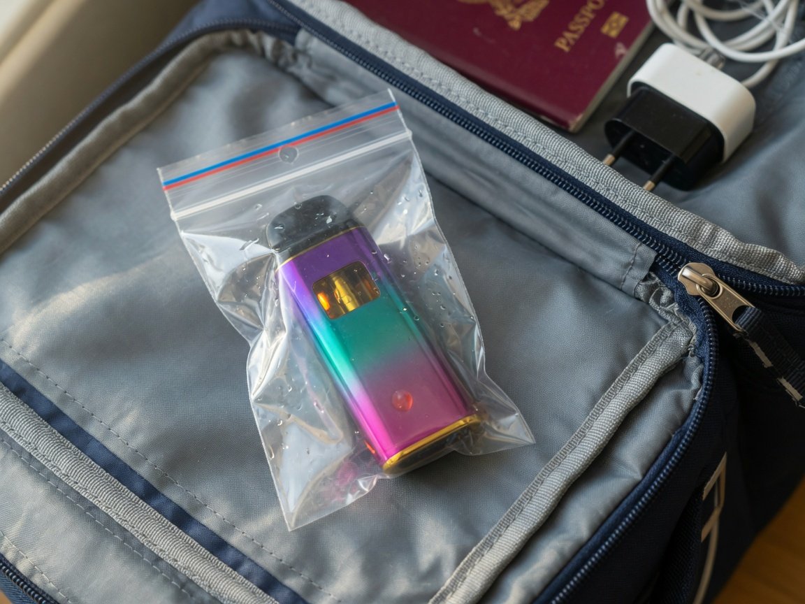 Disposable vape sealed inside a clear zip-lock bag inside an open carry-on travel bag