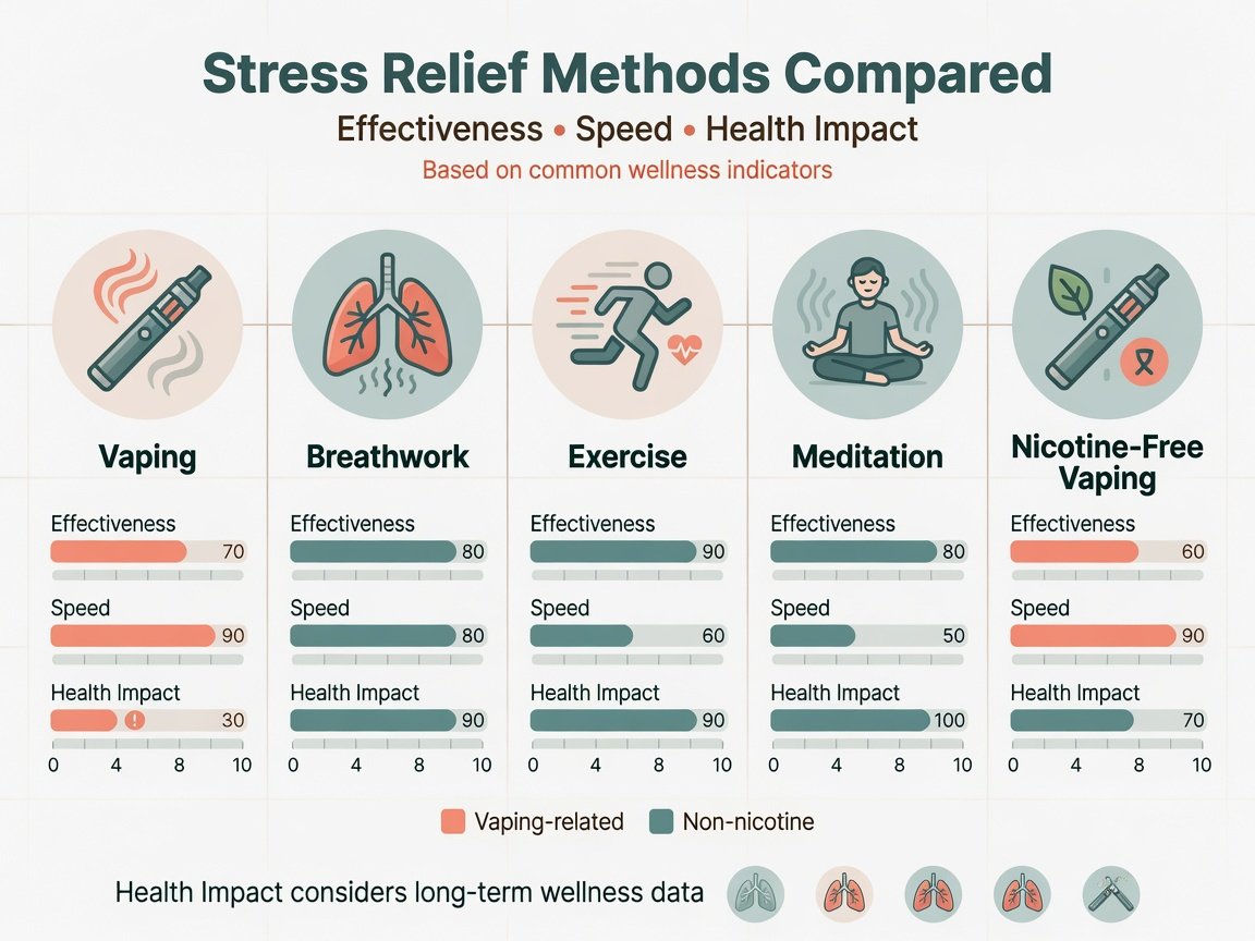 Flat-design comparison chart showing vaping versus breathwork, exercise, and meditation for stress relief
