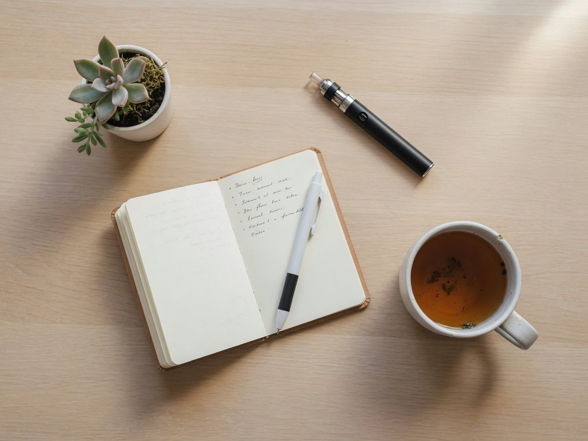 Close-up of hands holding a vape device next to a notebook and a cup of tea, suggesting a mindful stress-management routine