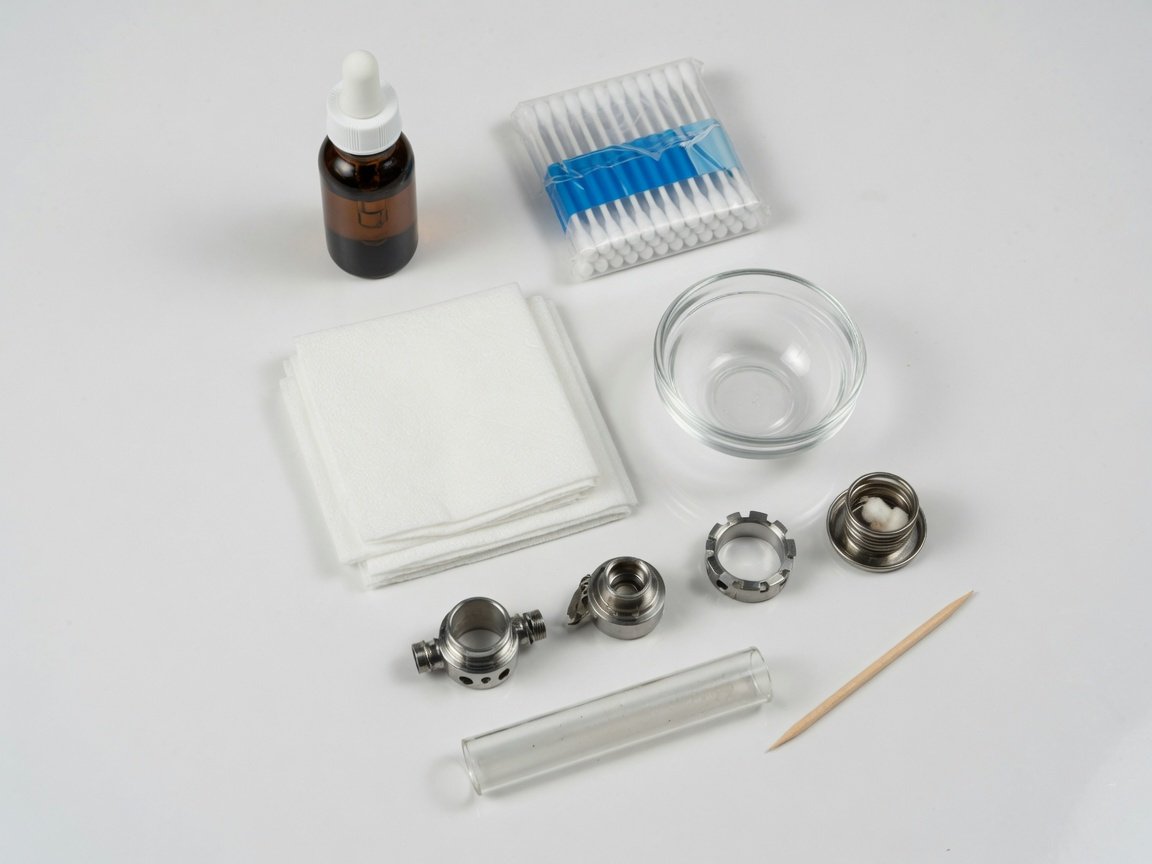 Flat-lay of vape cleaning supplies including cotton buds, IPA bottle, paper towels and disassembled tank on white surface