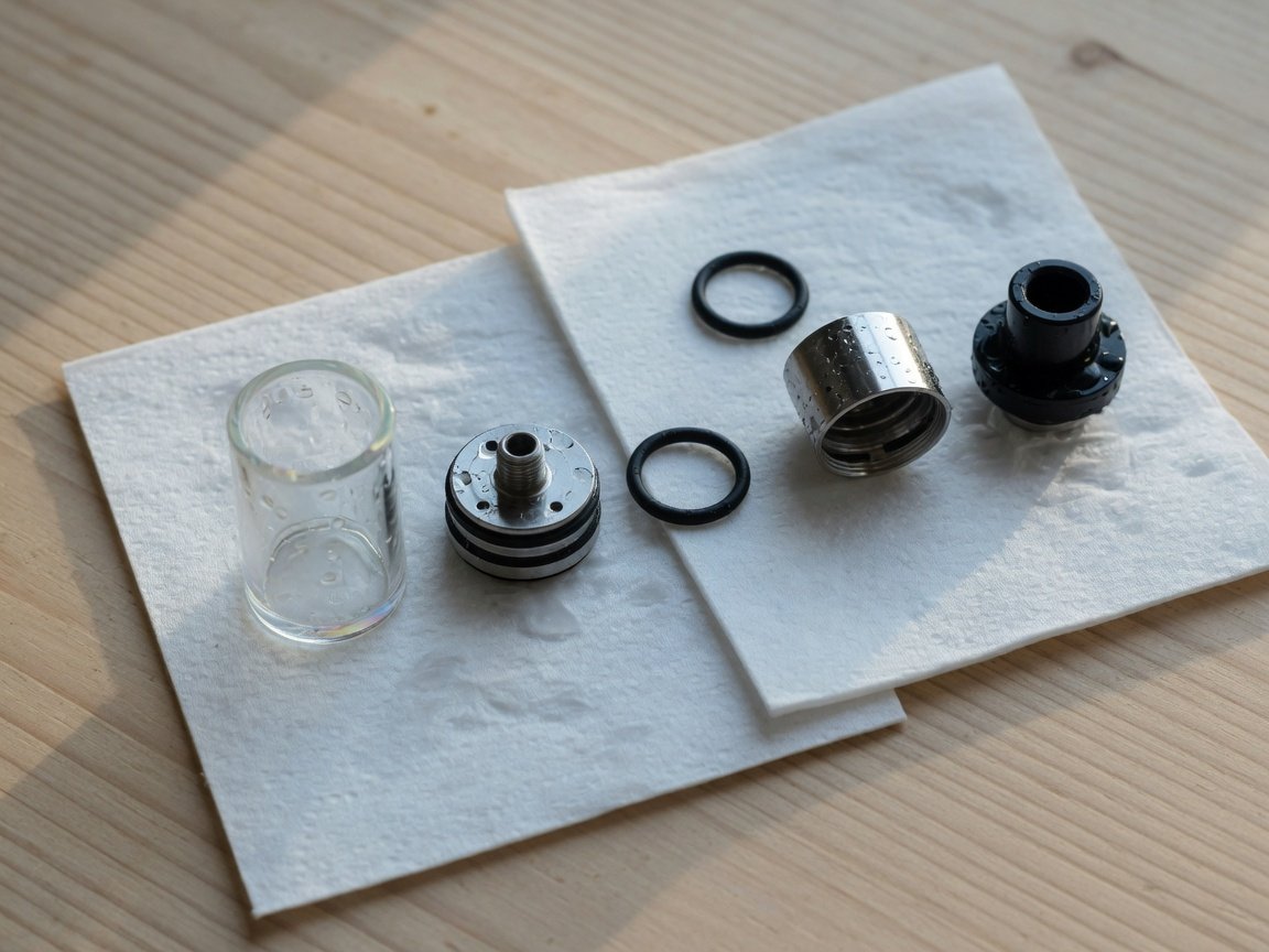 Vape tank components laid out to dry on paper towels on a wooden surface after cleaning
