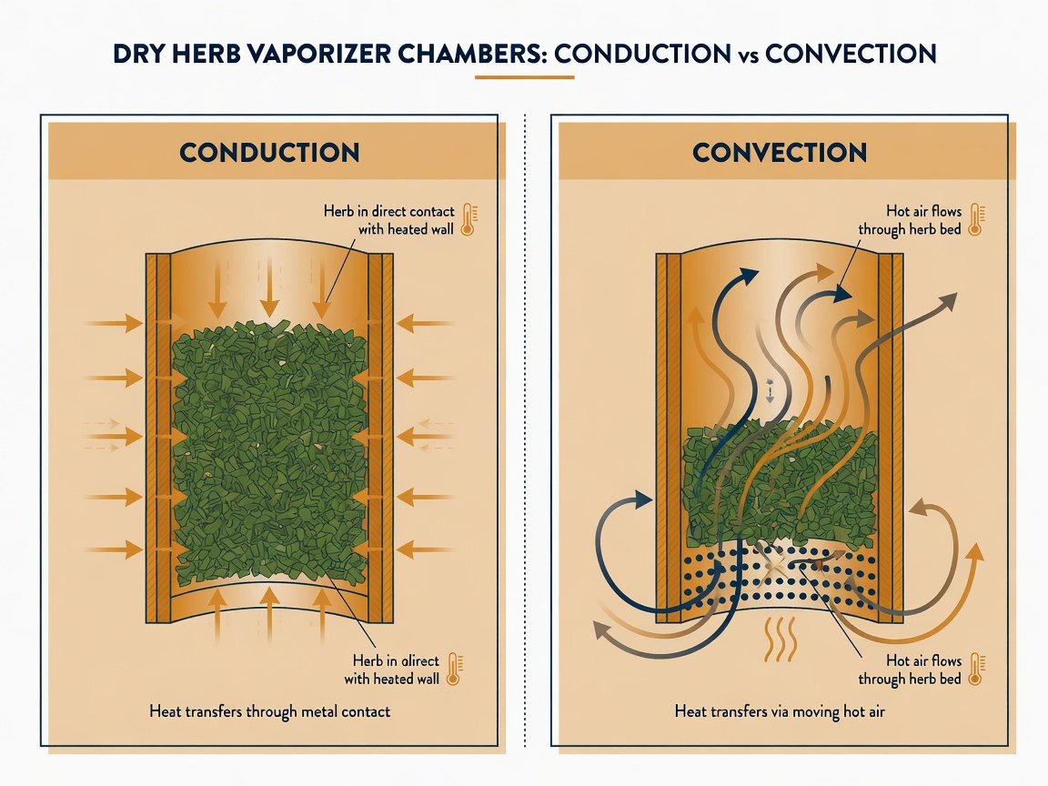 Flat design infographic comparing conduction vs convection dry herb vaporizer heating methods side by side