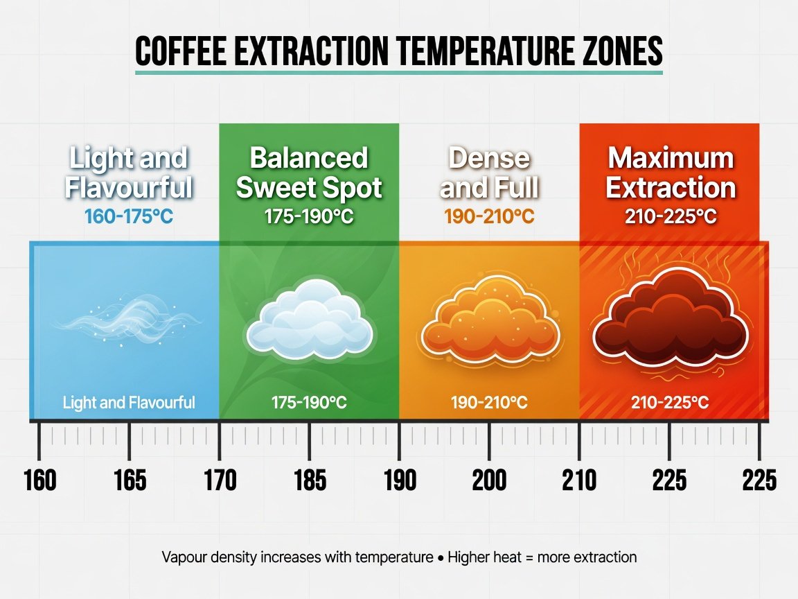 Dry herb vape temperature guide infographic showing four heat zones from 160°C to 225°C with vapour density icons