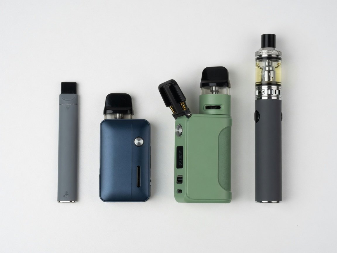 Four types of vape pens side by side: disposable, closed pod, open pod, and pen-style tank kit