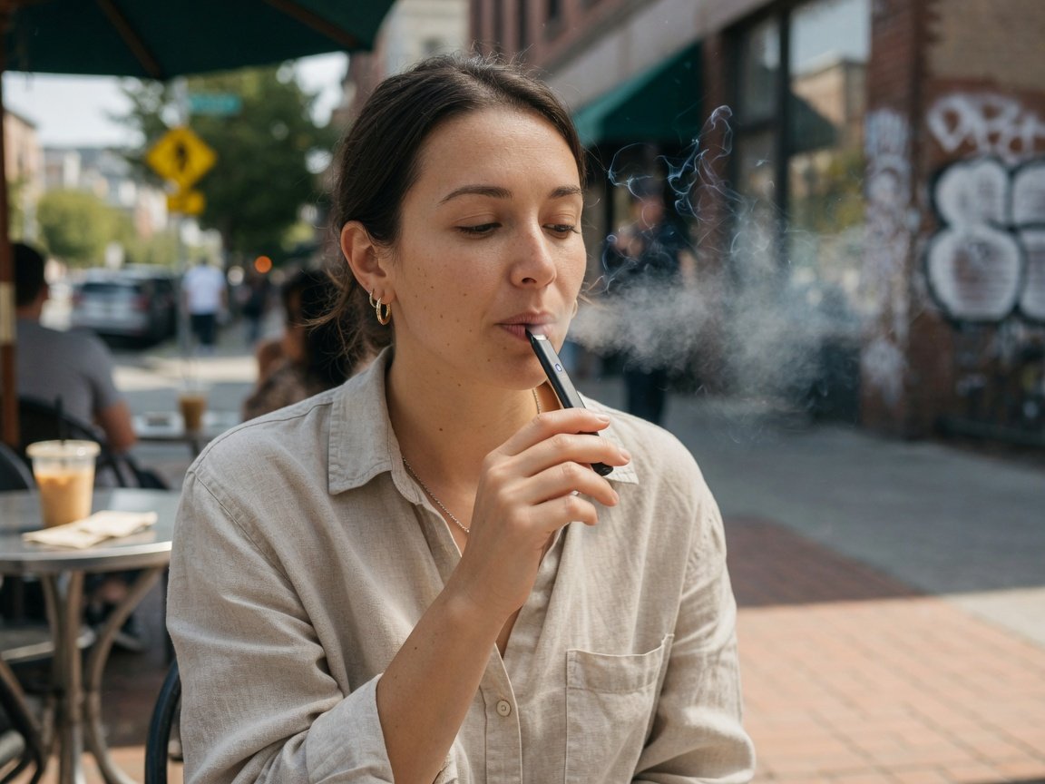 Person demonstrating mouth-to-lung inhaling technique from a vape pen with small vapour exhale