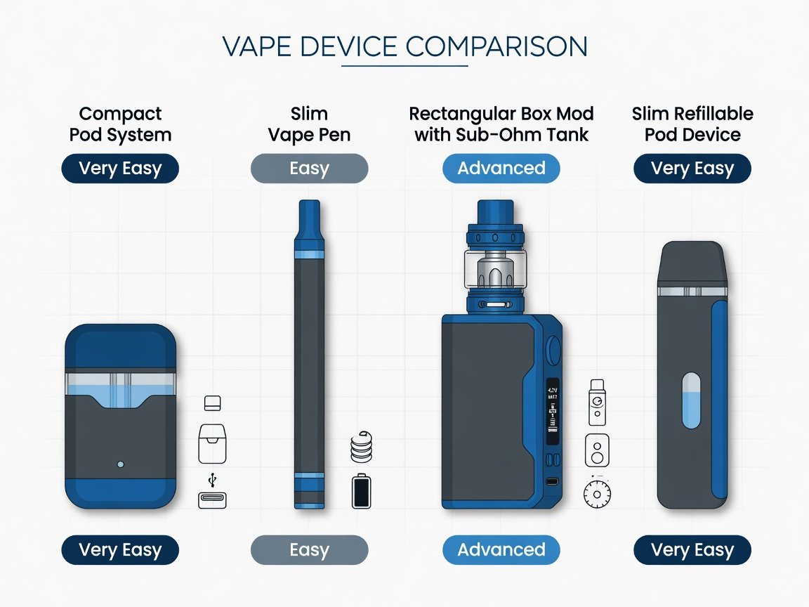 Comparison of four UK vape device types — pod system, vape pen, box mod, refillable pod — for beginners guide 2026