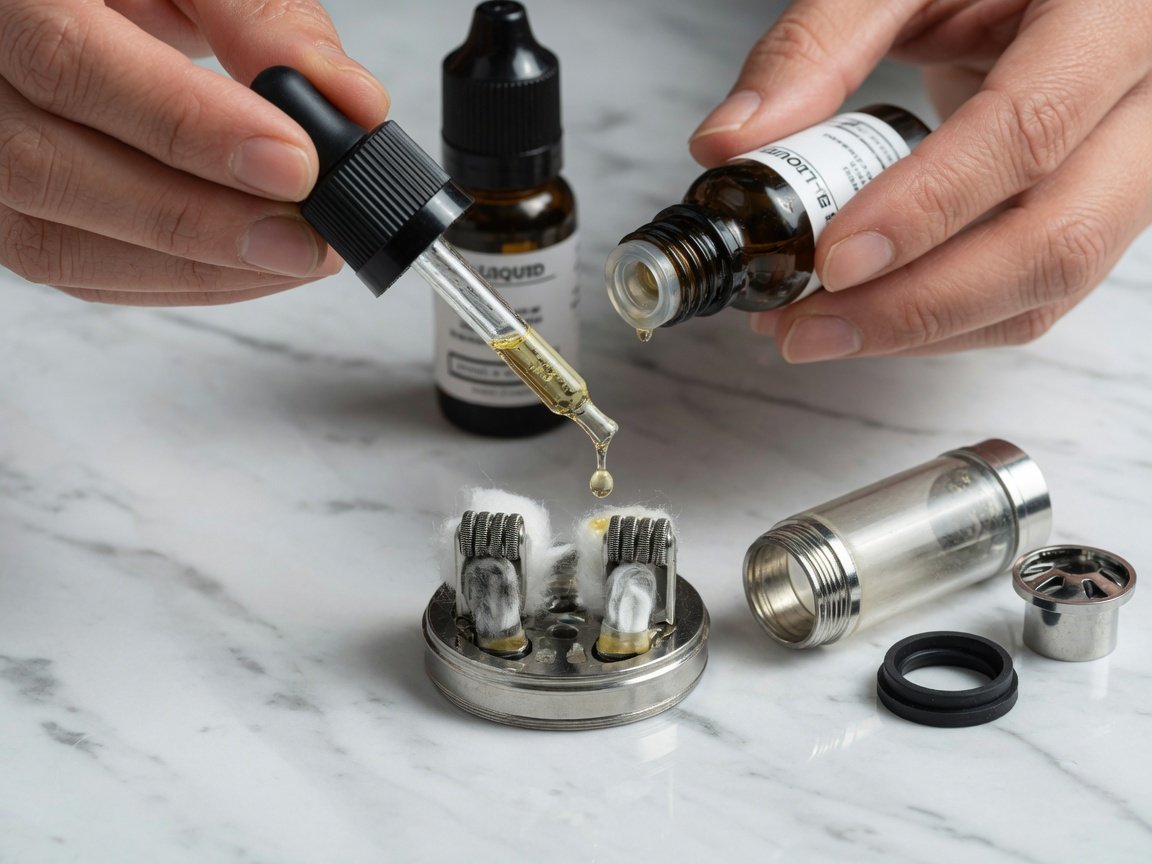 Close-up of hands carefully priming and filling a vape tank with e-liquid for first-time setup guide